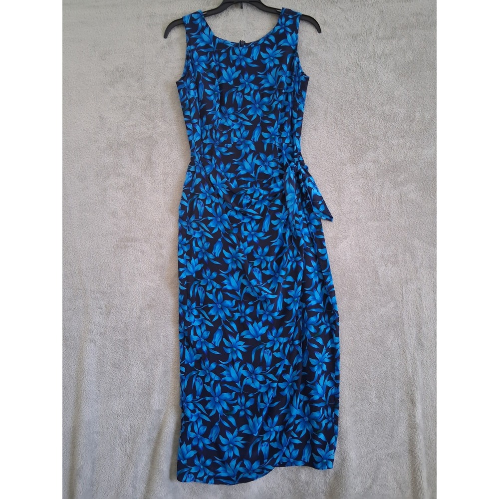 Spenser Jeremy Silk Dress 4P Blue Floral Faux Wrap Midi Sleeveless Tropical 90s